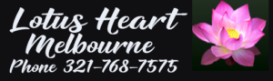 Lotus Heart Melbourne Phone 321-768-7575 Header logo. Black background with white text, and a picture of a pink lotus flower